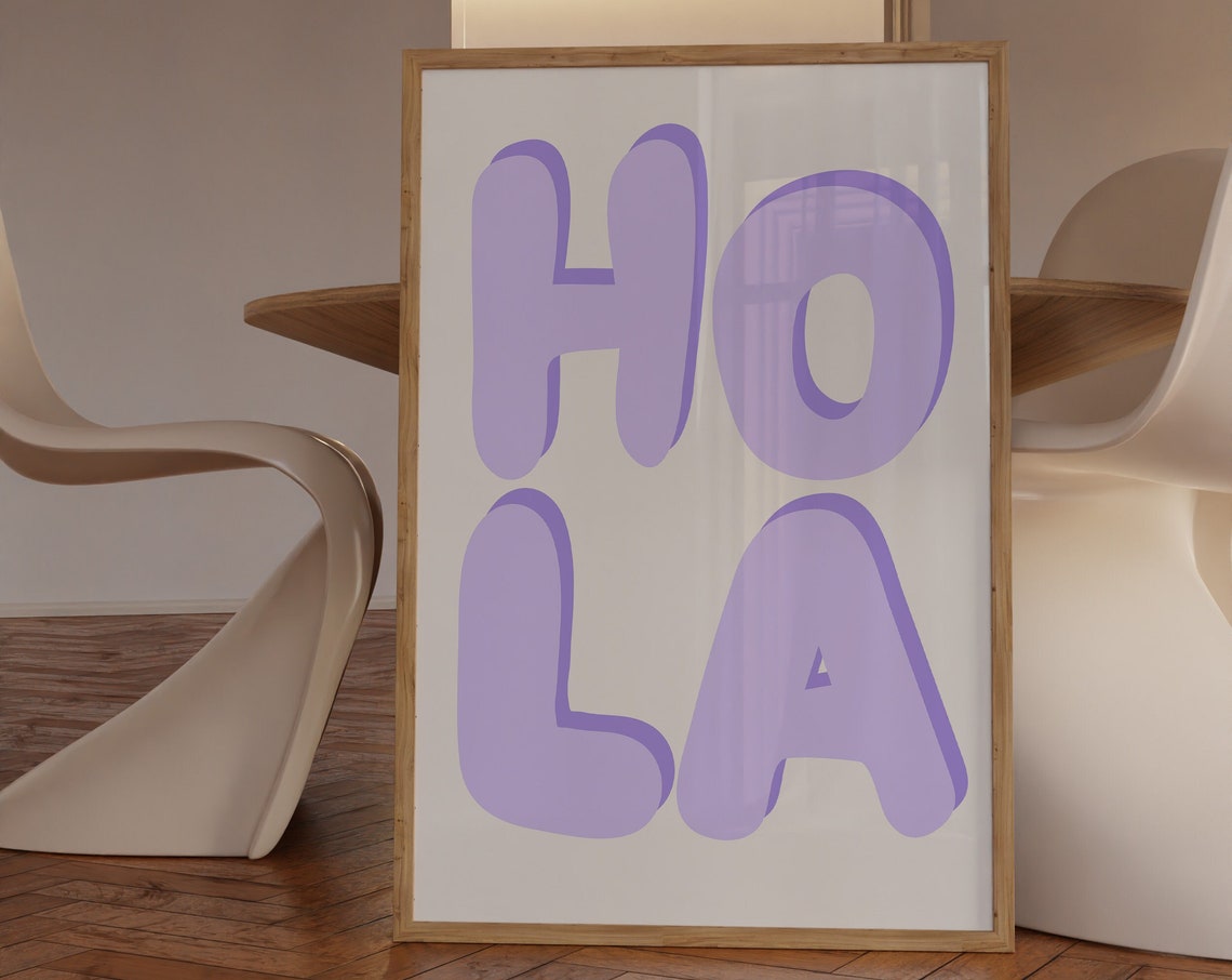 HOLA Lilac Bubble Letter Typographic Spanish Greeting Wall Poster
