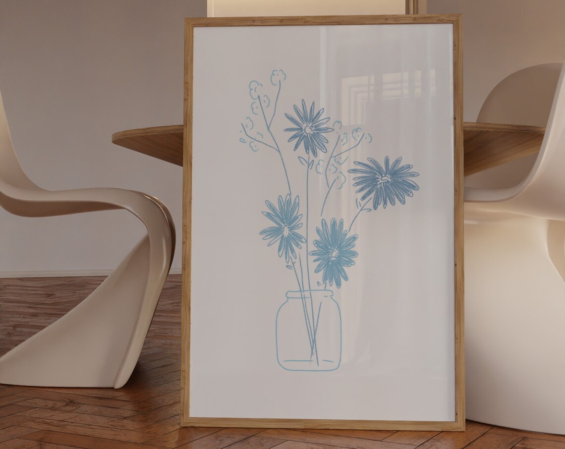 Blue Flower Bouquet Art Print, Preppy Dorm Decor
