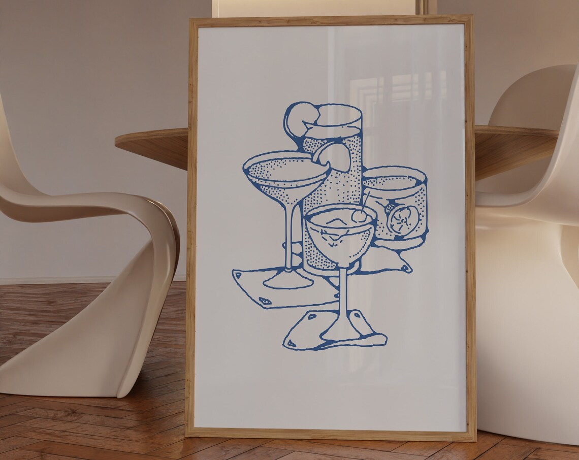 Navy Blue Cocktail Glasses Line Poster Trendy Bar Cart Vintage Decor Style