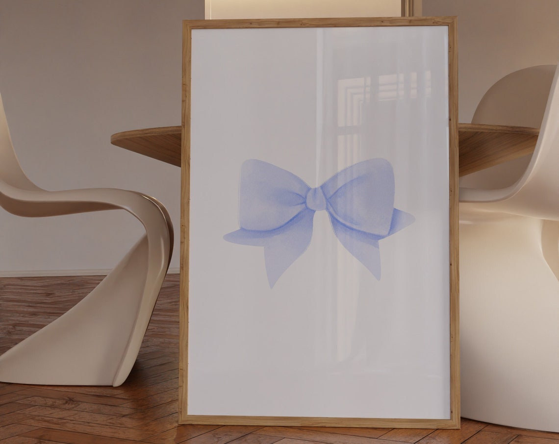 Simple Soft Blue Watercolor Bow Off White Preppy Bedroom Art Print - Image 3