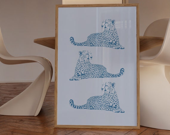 Cheetah Art Print, Blue Bedroom Wall Decor