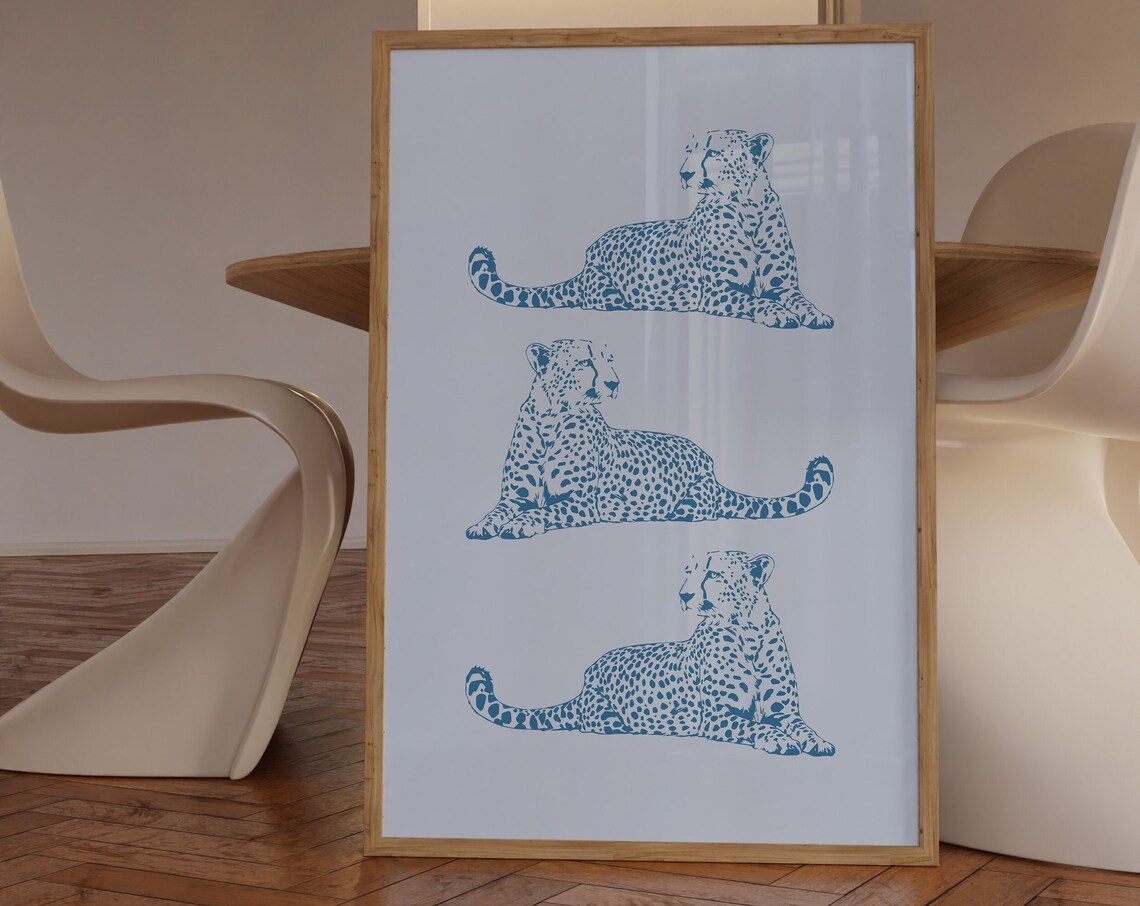Cheetah Art Print, Blue Bedroom Wall Decor