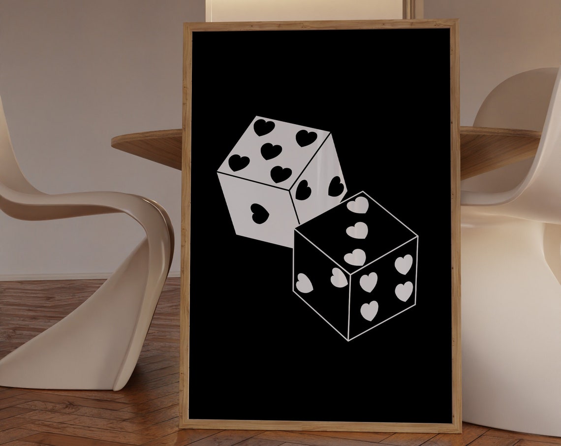 Black and White Heart Pips Lucky Dice Minimalist Graphic Art Poster - Image 3