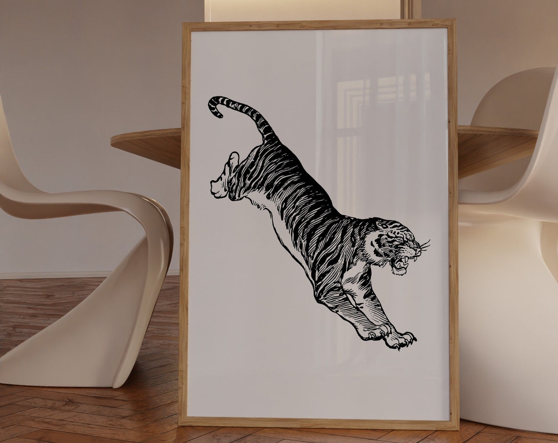 Leaping Tiger Black Ink Illustration Detailed Stripe Trendy Wall Art