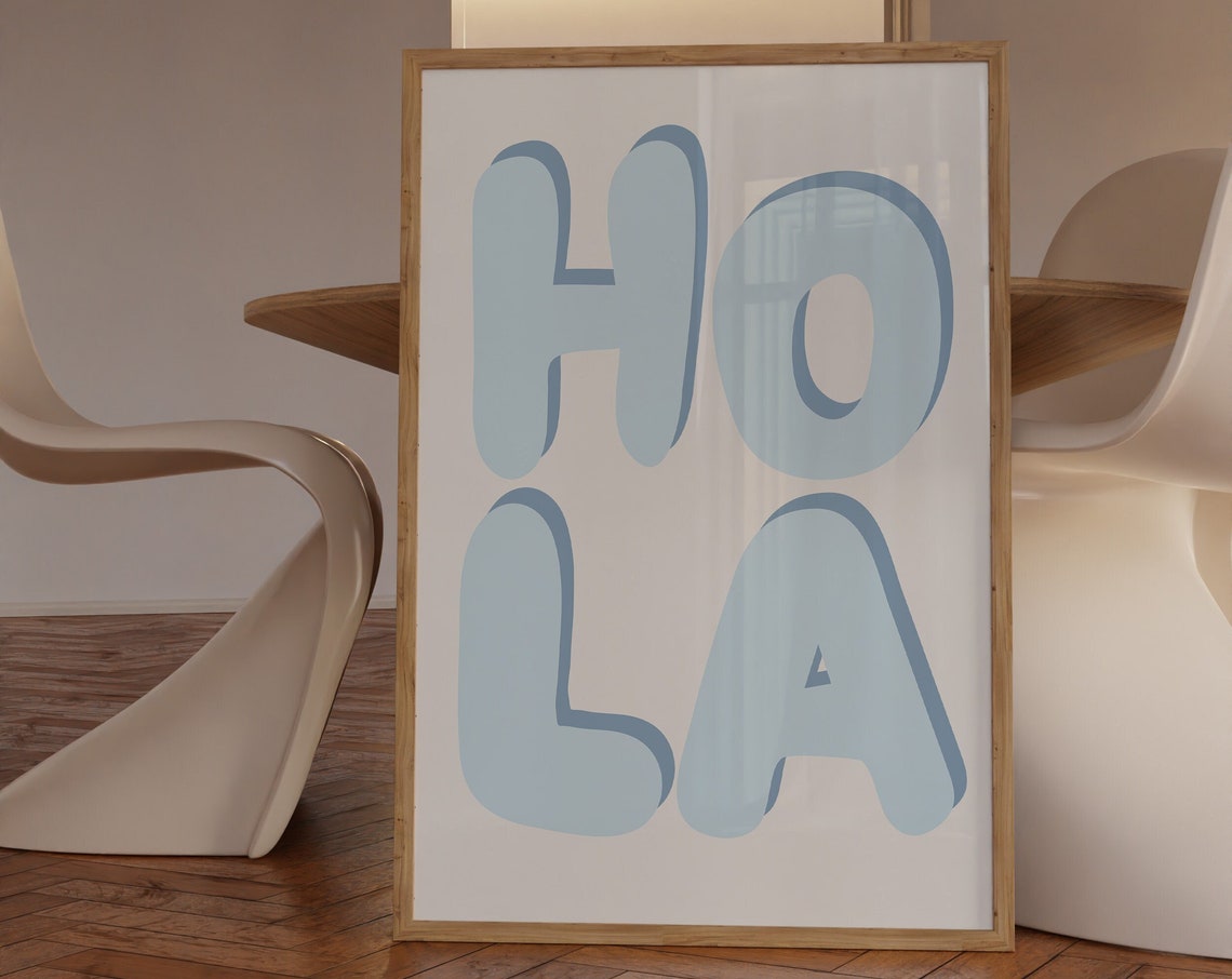 HOLA Light Blue Bubble Letter Typographic Greeting Wall Poster