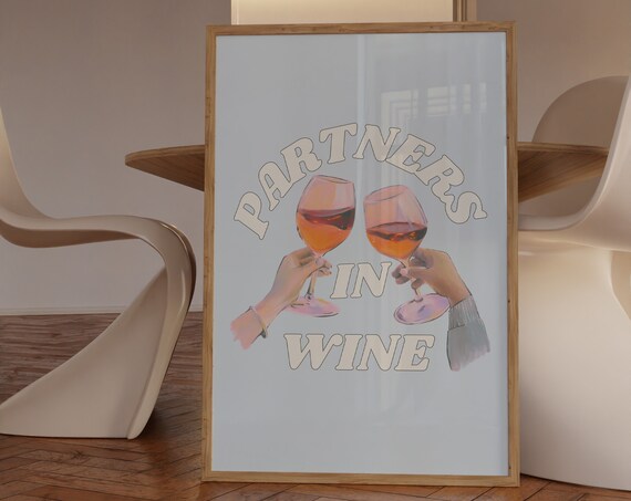 Partners in Wine Cheers Retro Lettering Bar Cart Kitchen Wall Poster