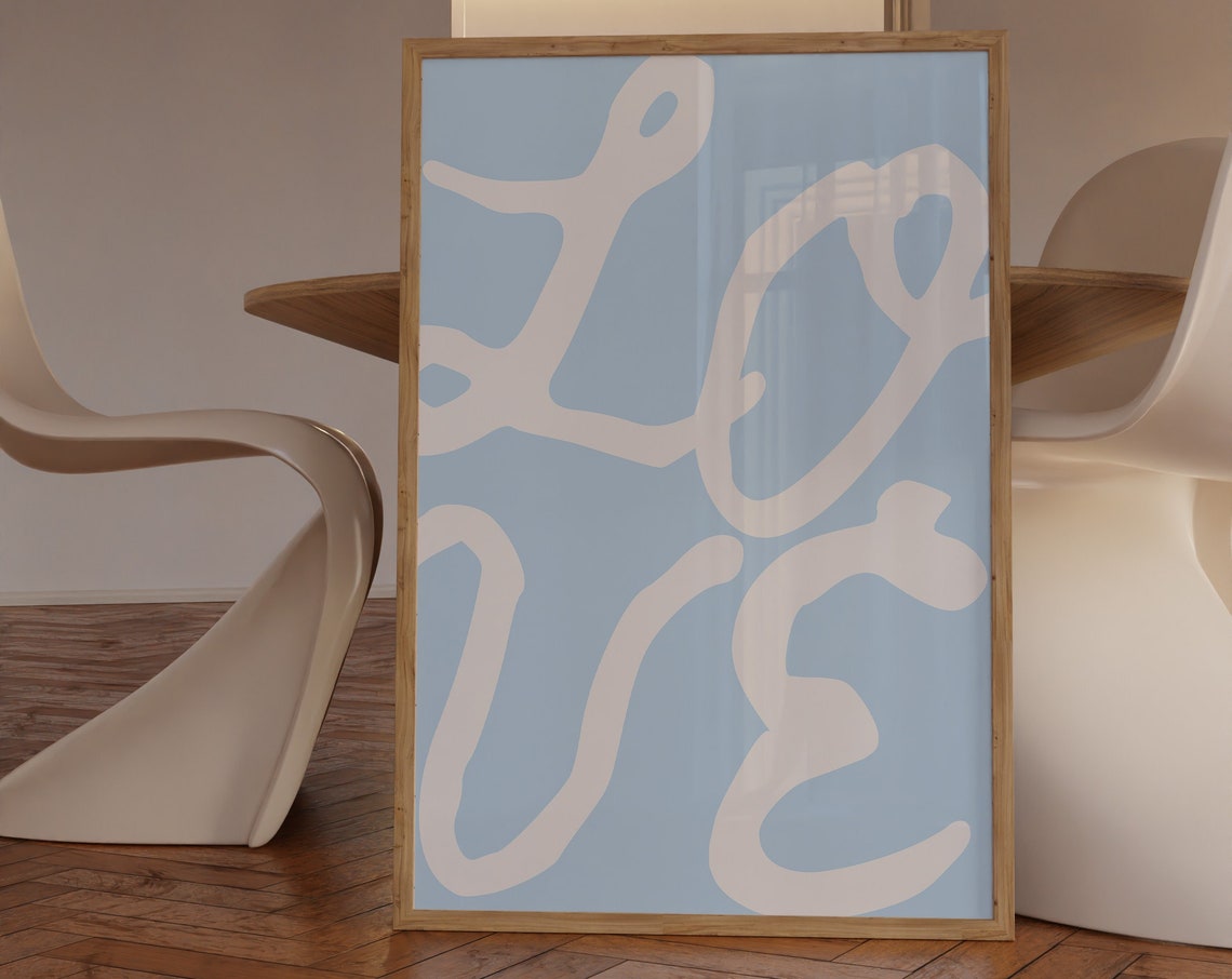 Love Script Line Art Blue and White Modern Typography Wall Art