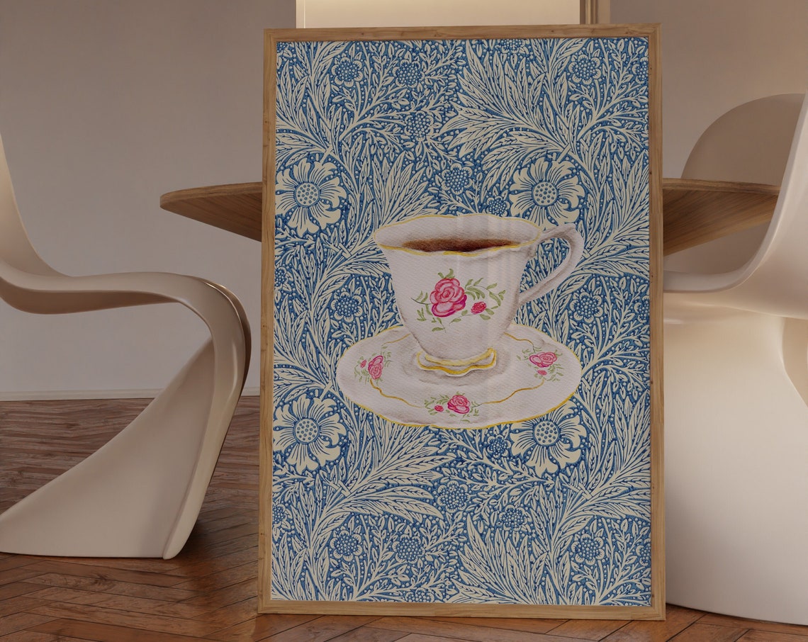 Vintage Teacup Rose Floral Blue Morris Style Botanical Kitchen Poster