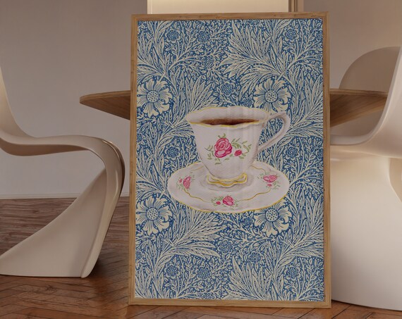 Tea Cup Wall Art Vintage Wall Art Trendy Wall Art Cottagecore Decor Blue Wall Art Retro Poster Flower Art Print Cute Prints Kitchen Wall Art