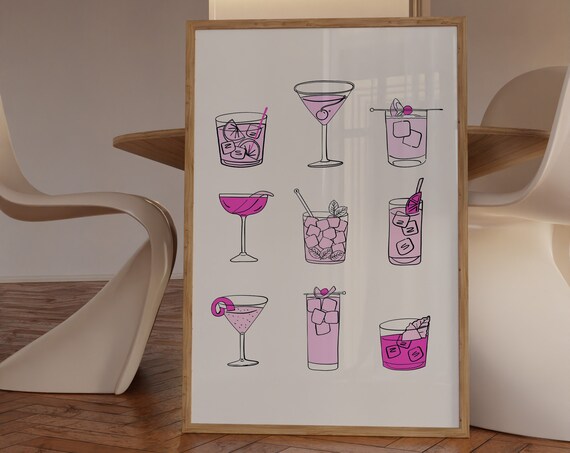 Pink Cocktail Illustrations Bar Cart Kitchen Girly Decor Wall Art
