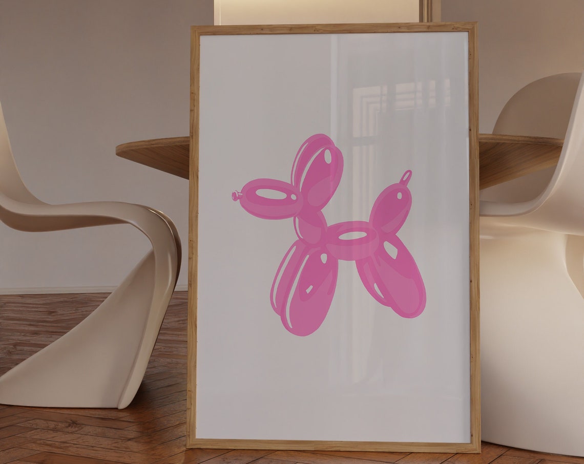 Pink Balloon Dog Sculpture Playful Pop Art Minimalist Wall Art