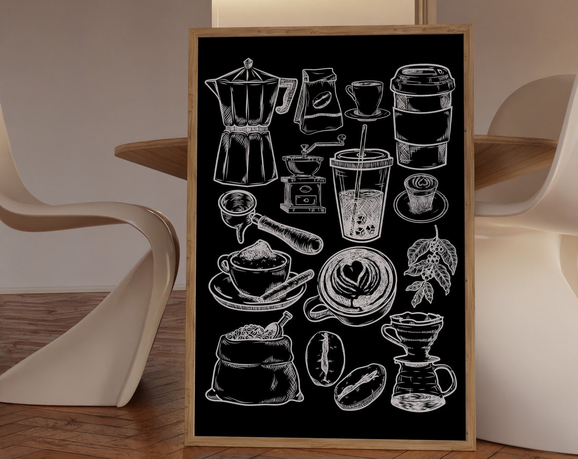 Coffee Bar Sketches Black Chalkboard Style Kitchen Decor Wall Art