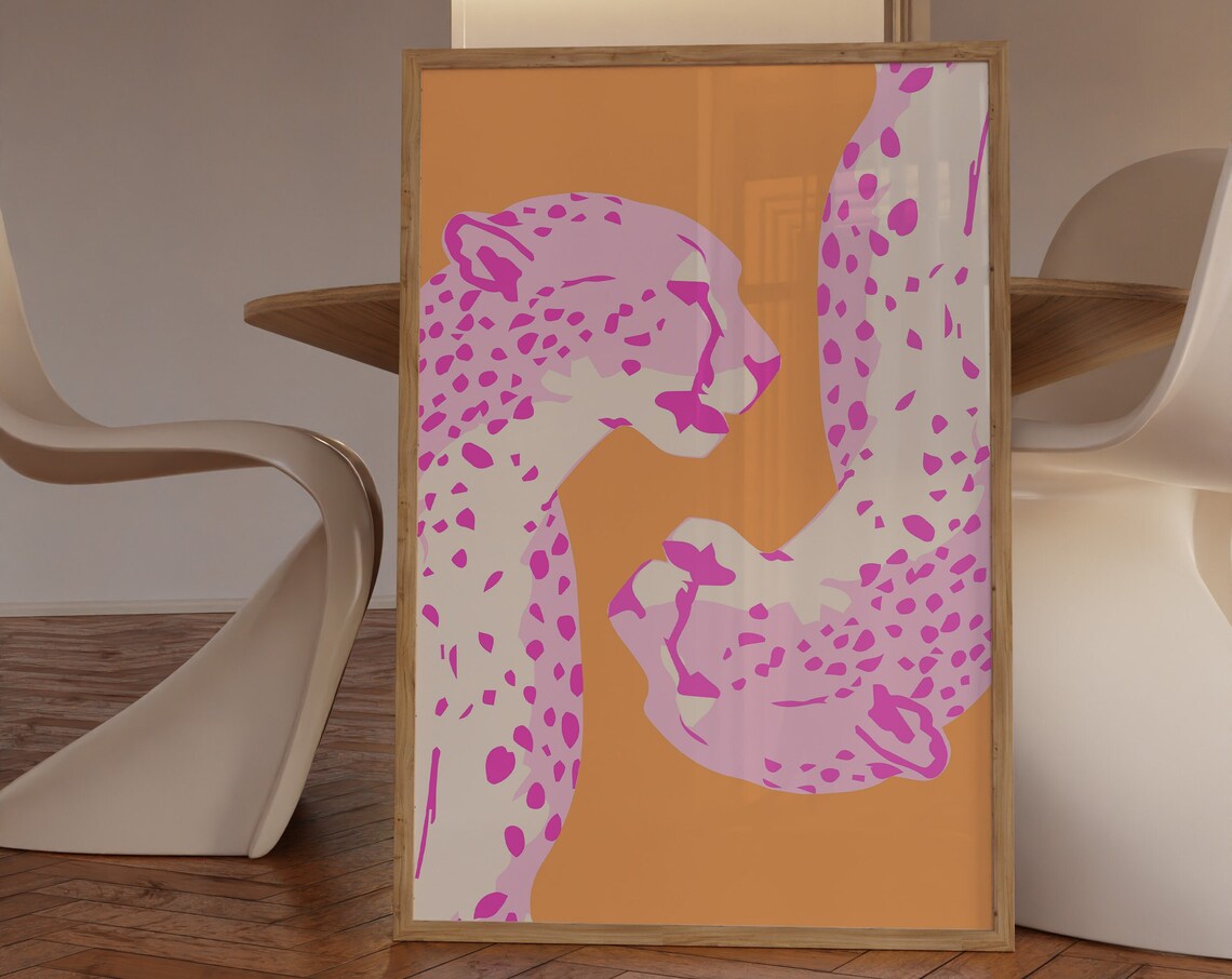 Pink Spotted Wildcats Duo Retro Pop Art Orange Background Wall Poster