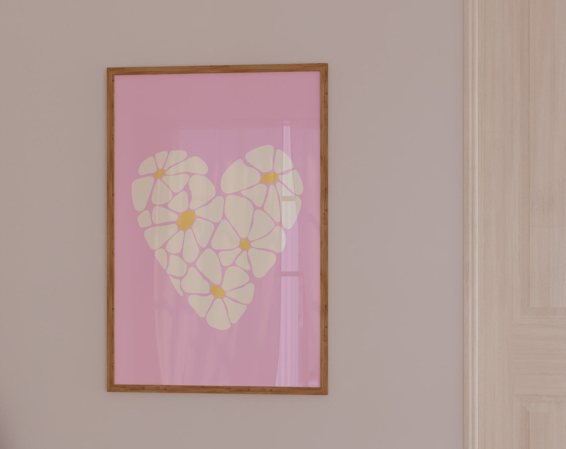 Pink Daisy Heart Floral Poster Preppy Flower Decor for Girly Rooms