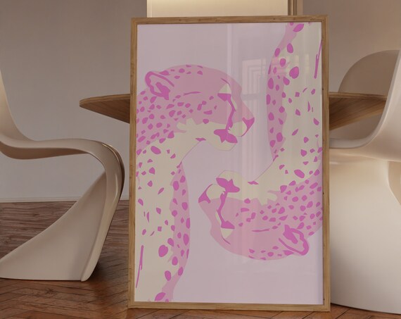 Pink Cheetah Duo Graphic Illustration Poster Preppy Playful Decor