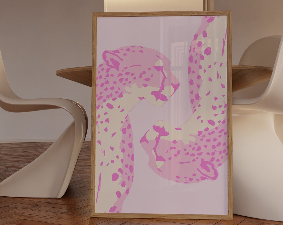 Pink Cheetah Duo Graphic Illustration Poster Preppy Playful Decor
