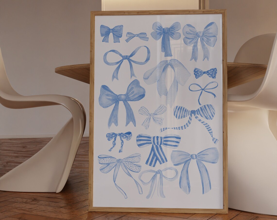 Blue Bows Ribbon Art Print, Trendy Aesthetic Decor - Image 2