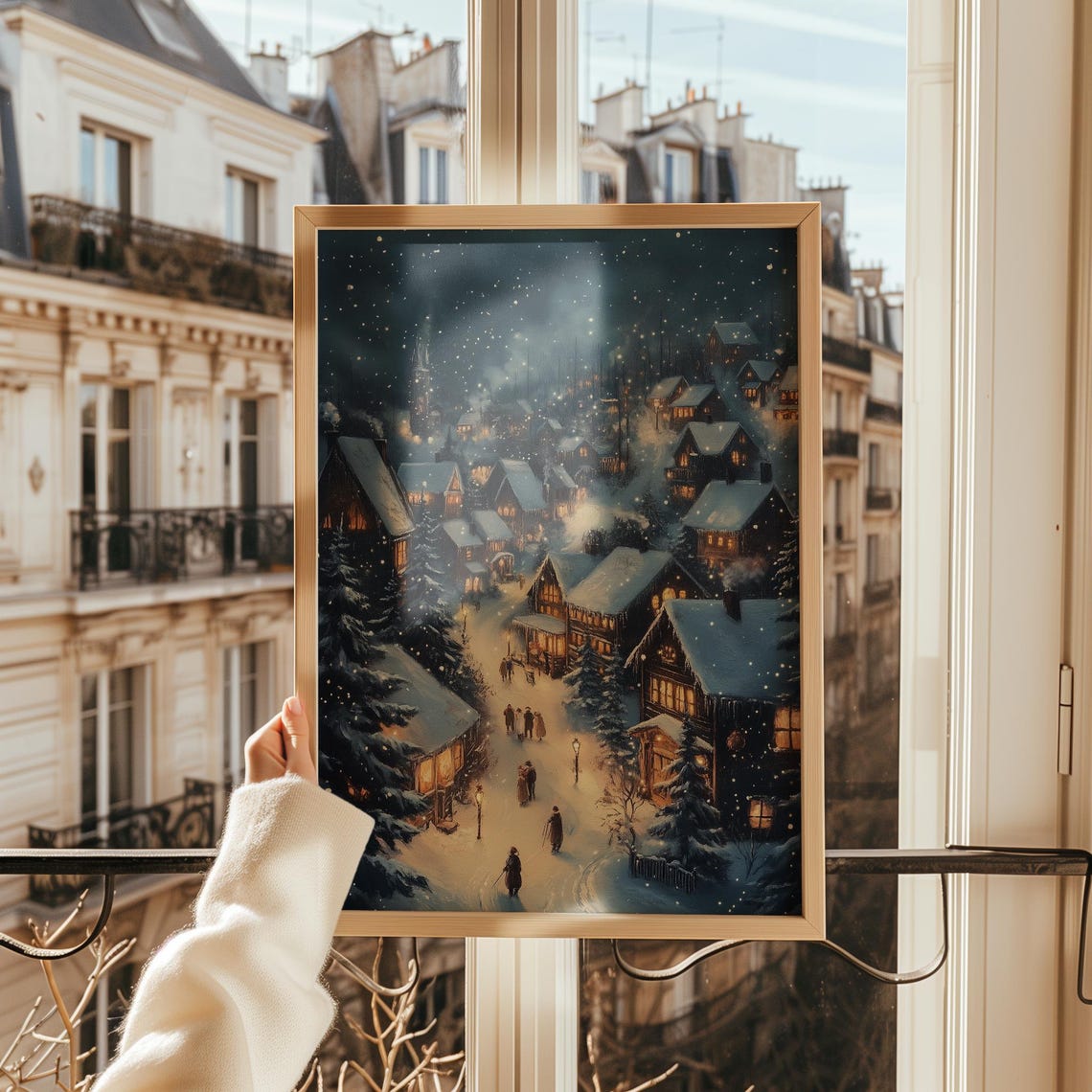 Christmas Village At Night Wall Art Snowy Winter Scene Print Christmas Houses Oil Painting With Flickering Lights Festive Christmas Eve Art - Image 2