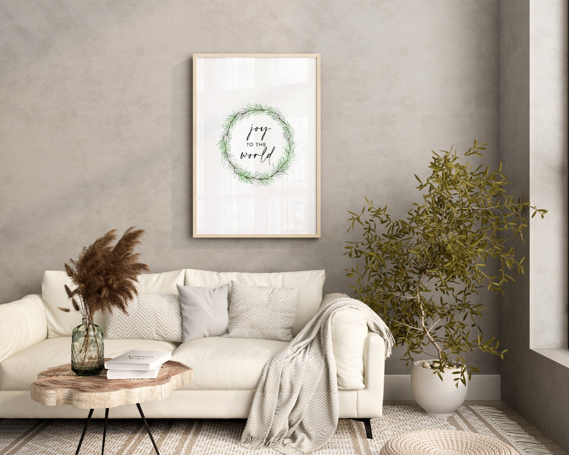Joy to the World Script Pine Wreath Elegant Christmas Art Poster - Image 2