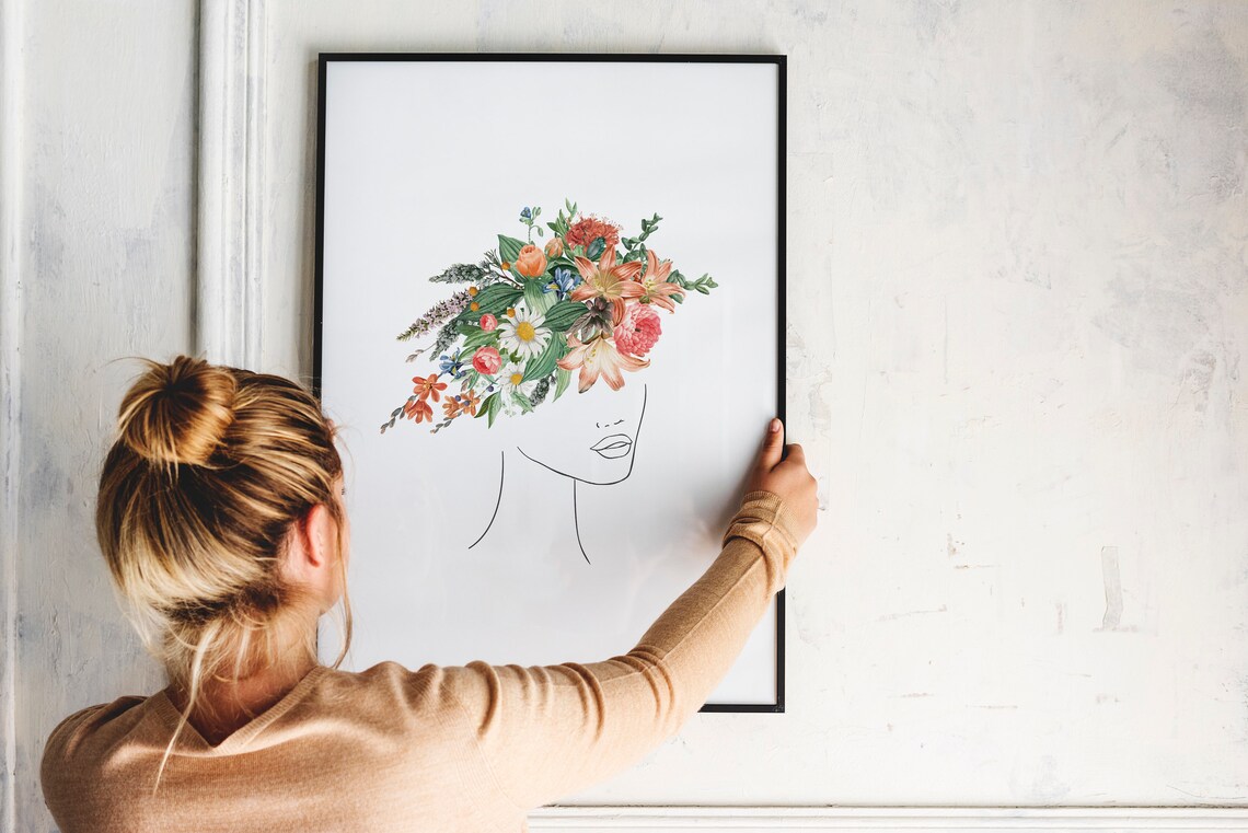Flower Girl Line Art Wildflower Hair Botanical Woman Profile Poster - Image 2