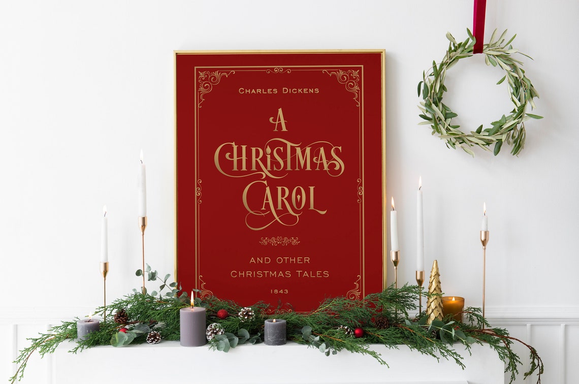 A Christmas Carol Charles Dickens Red Gold Book Cover Holiday Print - Image 2