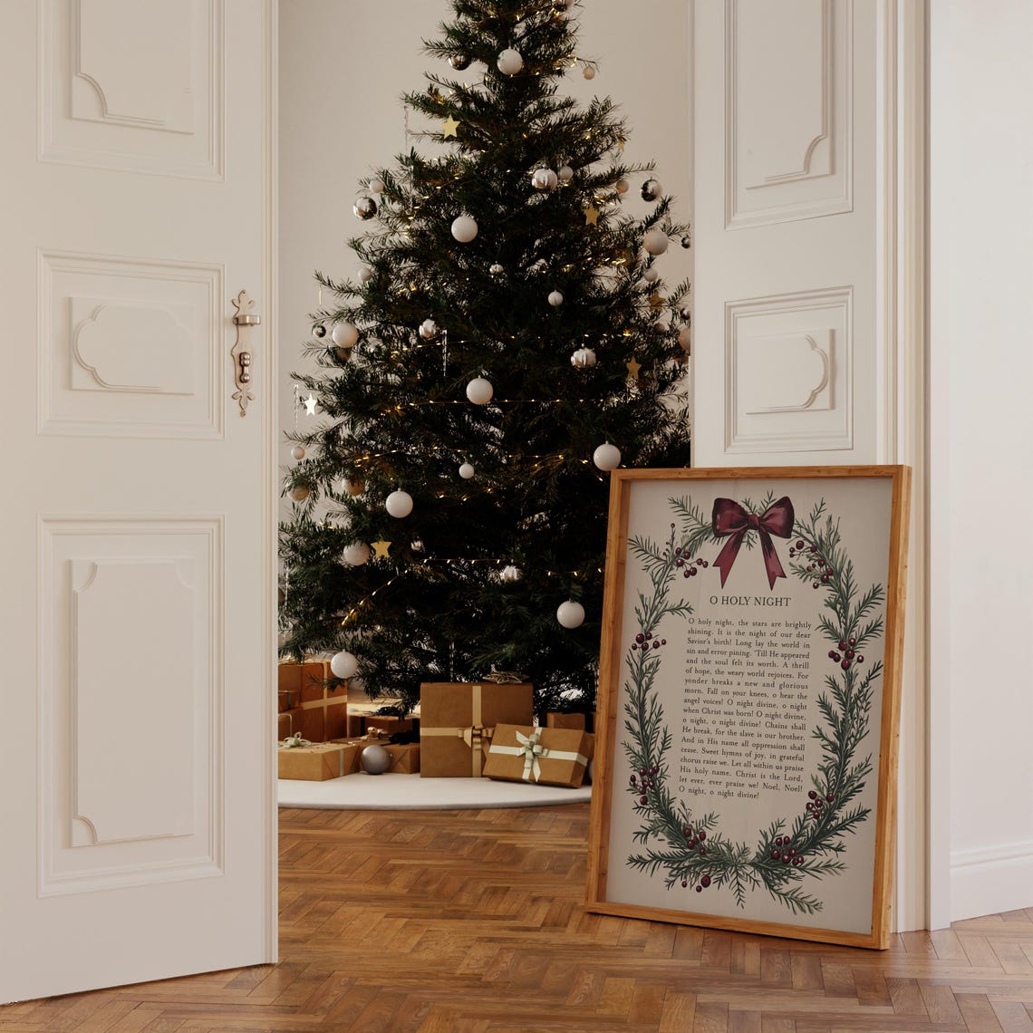 O Holy Night Christmas Hymn Lyrics Pine Wreath Burgundy Bow Print - Image 2