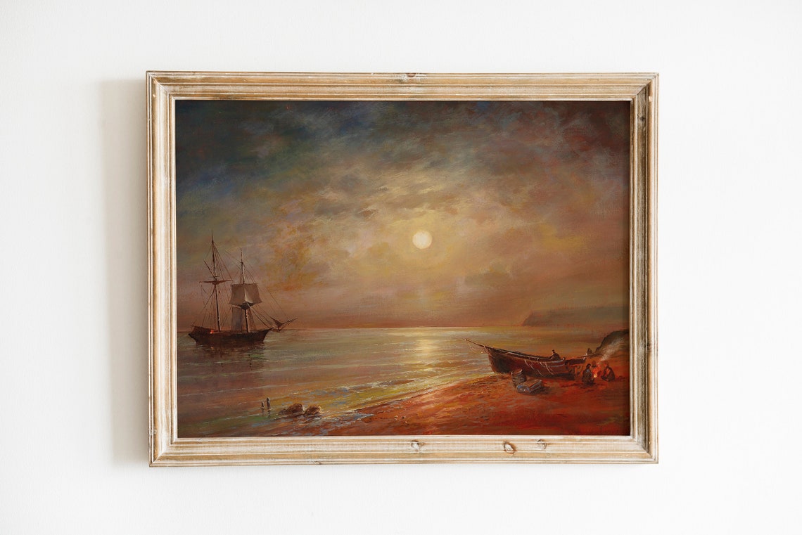 Dramatic Moonlit Night Over A Coastal Sea Antique Oil Painting Print - Image 2