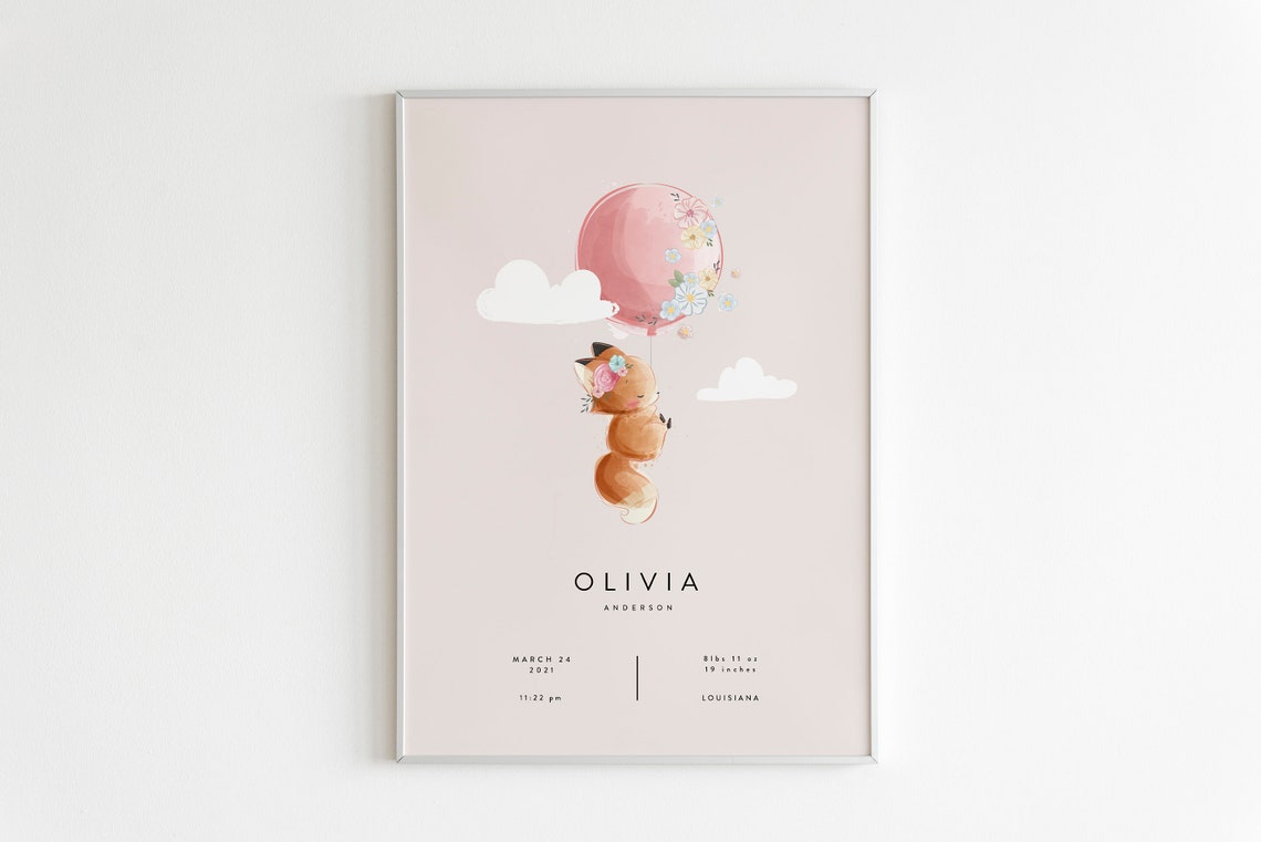 Personalized Fox Pink Balloon Baby Birth Stats Nursery Poster - Image 2