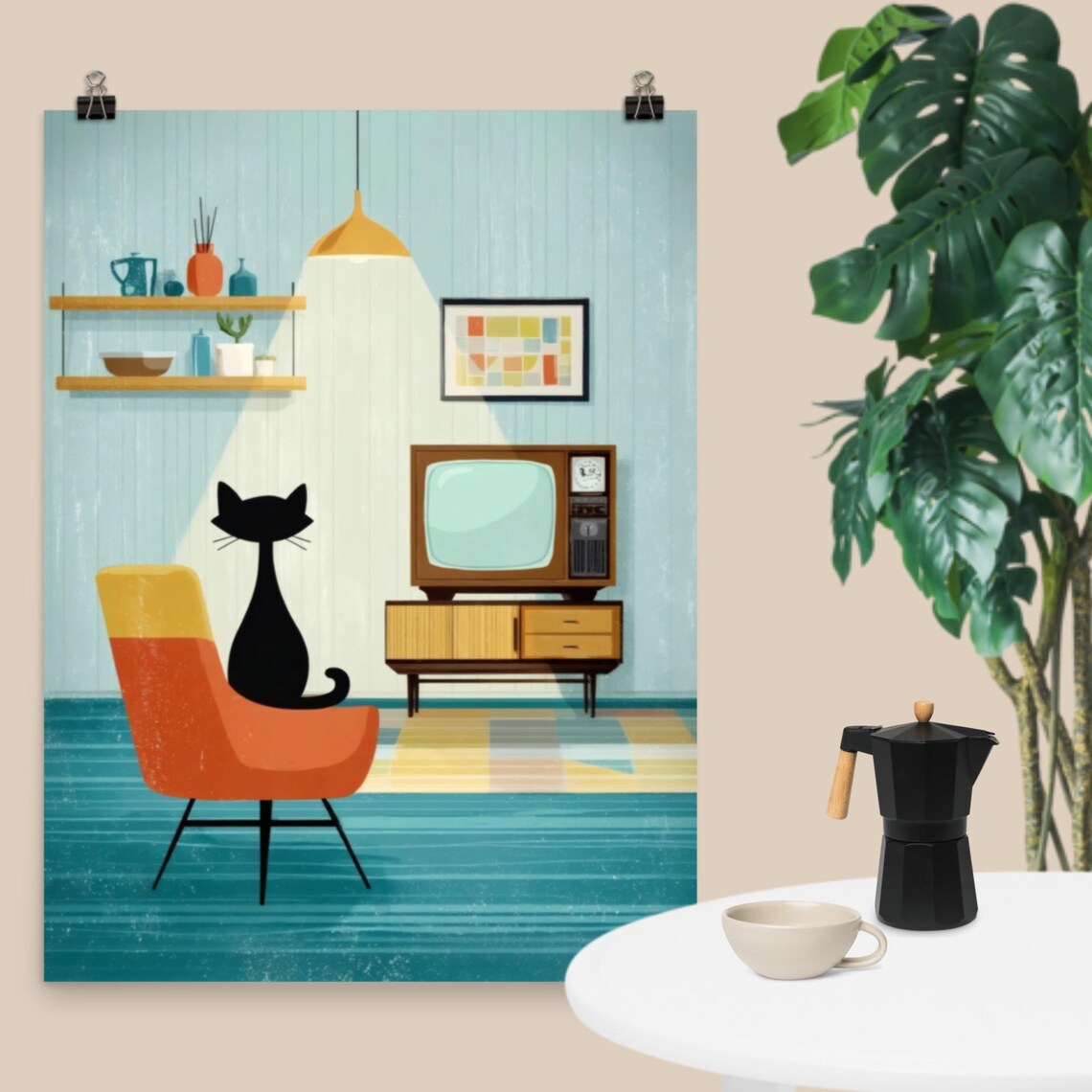 Black Cat Watching Vintage Television Retro Midcentury Living Room Poster
