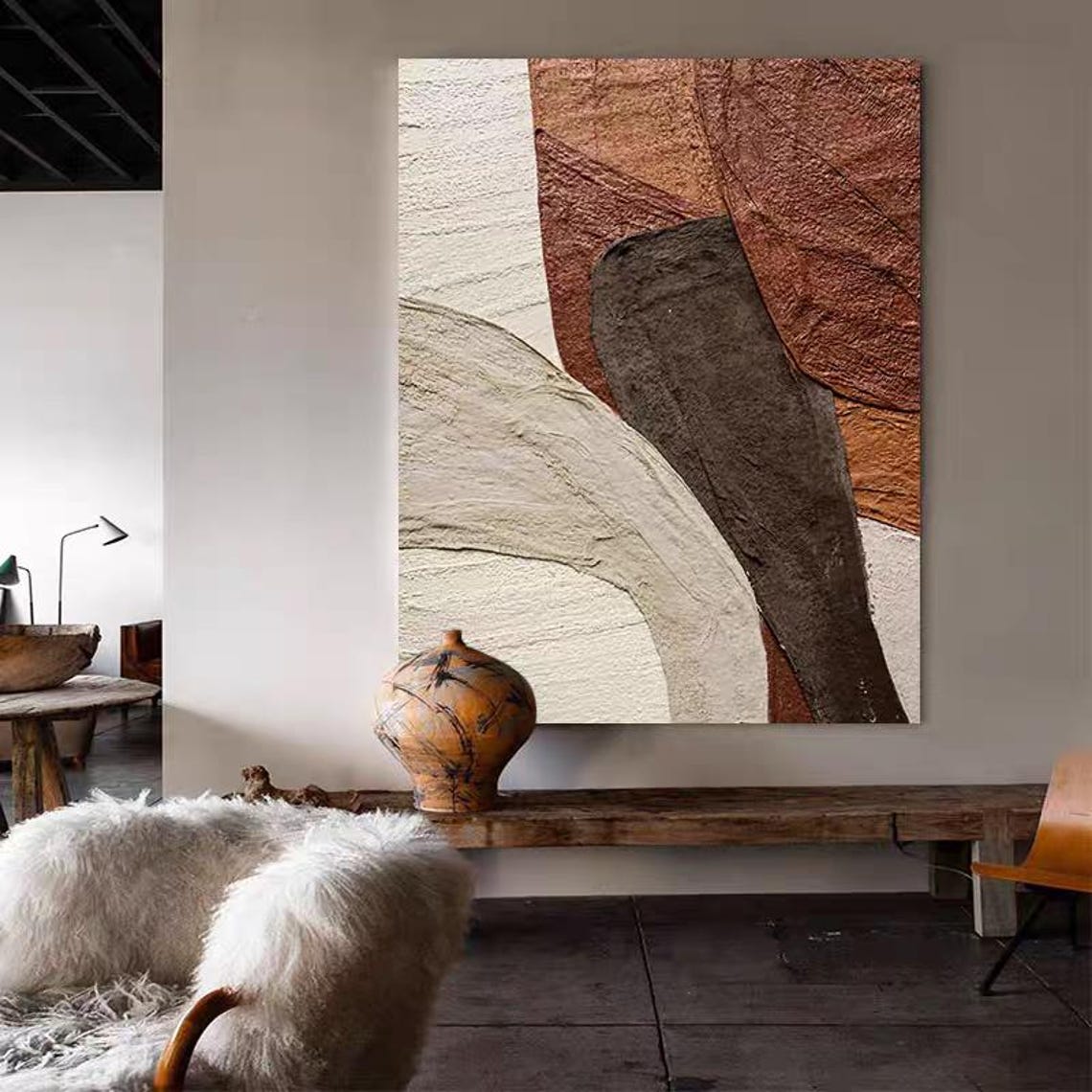 Terracotta Rust and Cream Curved Color Fields Textured Art Poster - Image 3