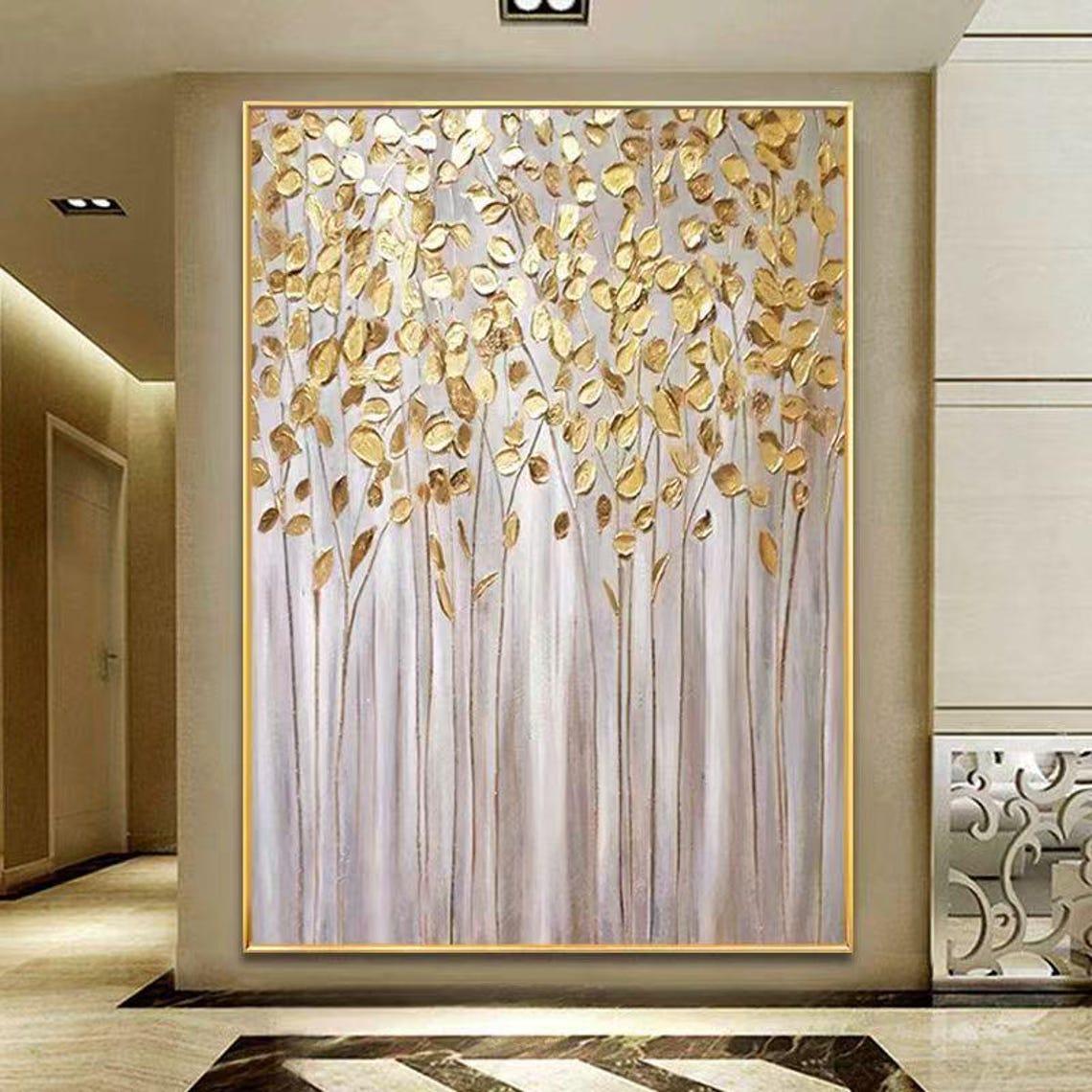 Golden Leaf Branches on Pale Gray Textured Vertical Botanical Poster - Image 3