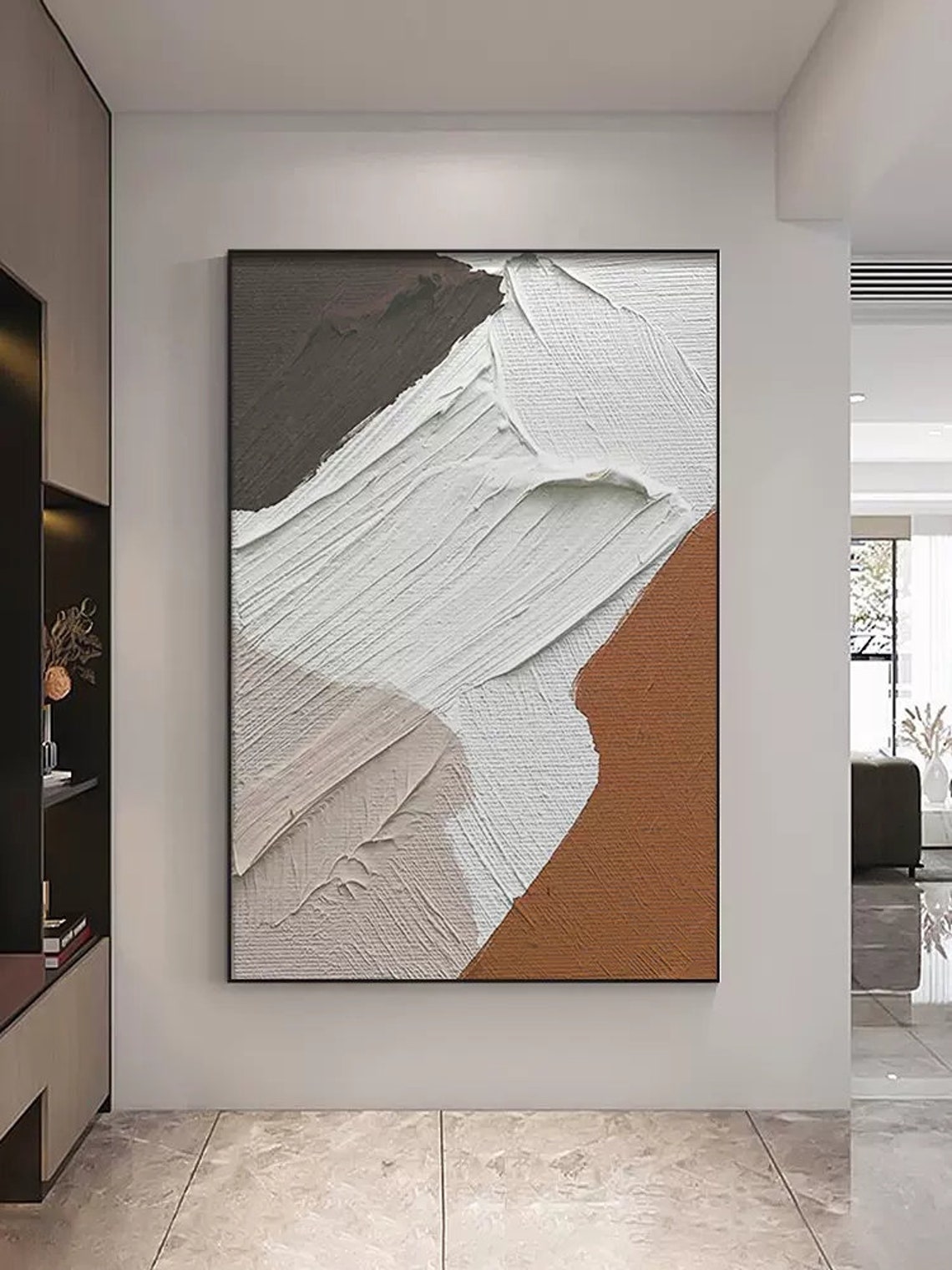 White Taupe Brown Flowing Shapes Textured Abstract Vertical Wall Art - Image 3