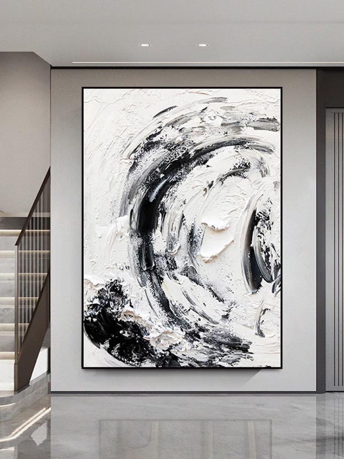 Dynamic Black and White Circular Swirl Brushwork Abstract Poster - Image 2