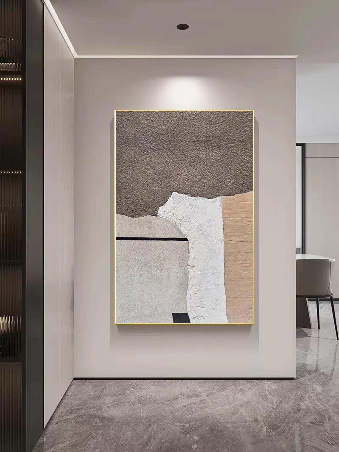 Grey Tan and White Geometric Blocks Textured Abstract Canvas Poster - Image 3