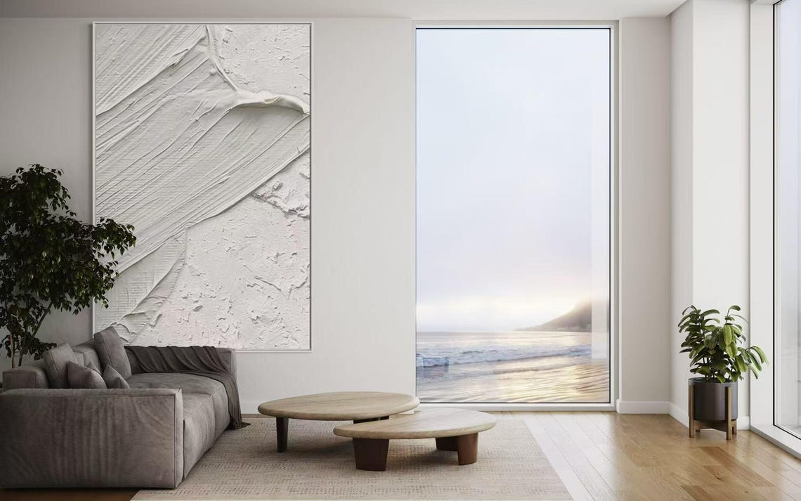White Diagonal Brushstroke Sweep 3D Textured Minimalist Art Poster - Image 2