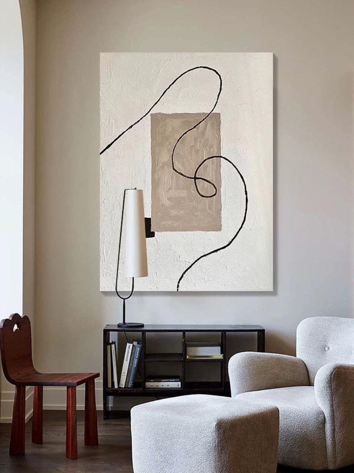 Pure White Background With Black Line Art Modern Simple Style Painting Beige White Acrylic Artwork Large Home Wall Artwork Decor - Image 2