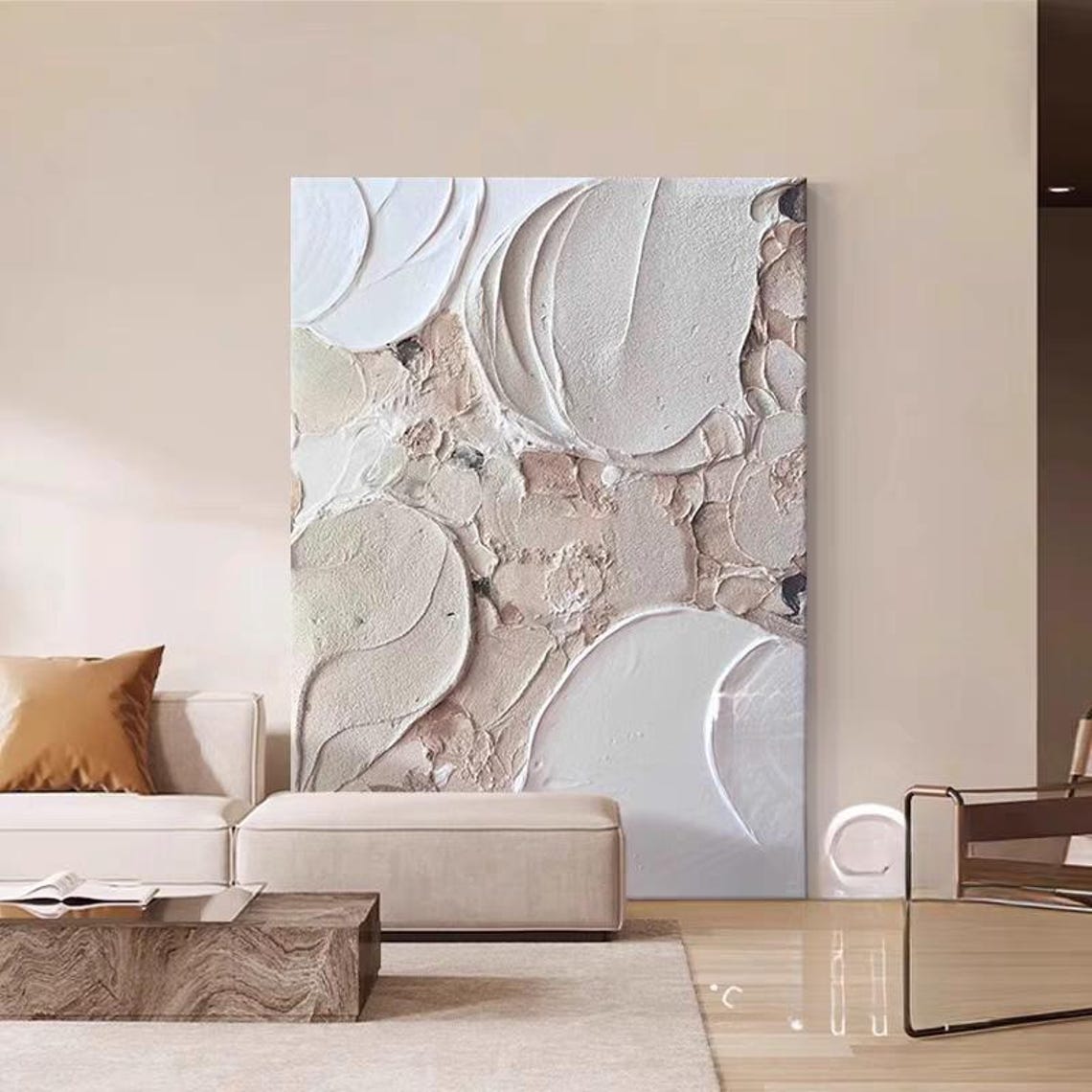 Pink Beige Abstract Textured Wall Art with Impasto Paint Effect - Image 2