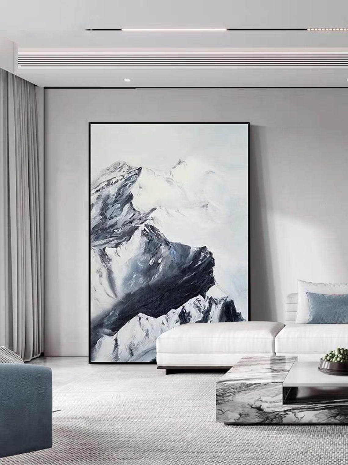 Snowy Mountain Peaks Monochrome Textured Painted Landscape Poster - Image 2