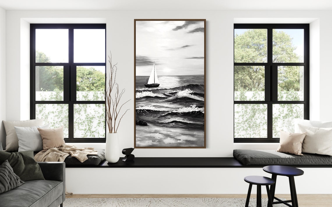 Black White Sailboat Moonlit Ocean Vertical Seascape Textured Wall Art - Image 3