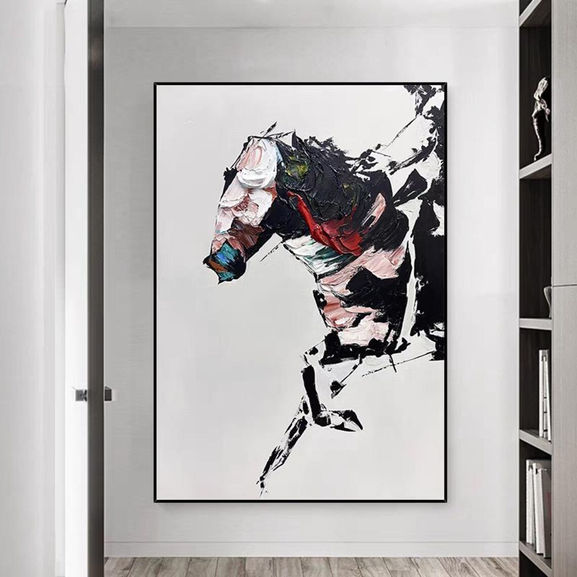 Black White Horse Portrait Textured Modern Animal Painting Art Poster - Image 2