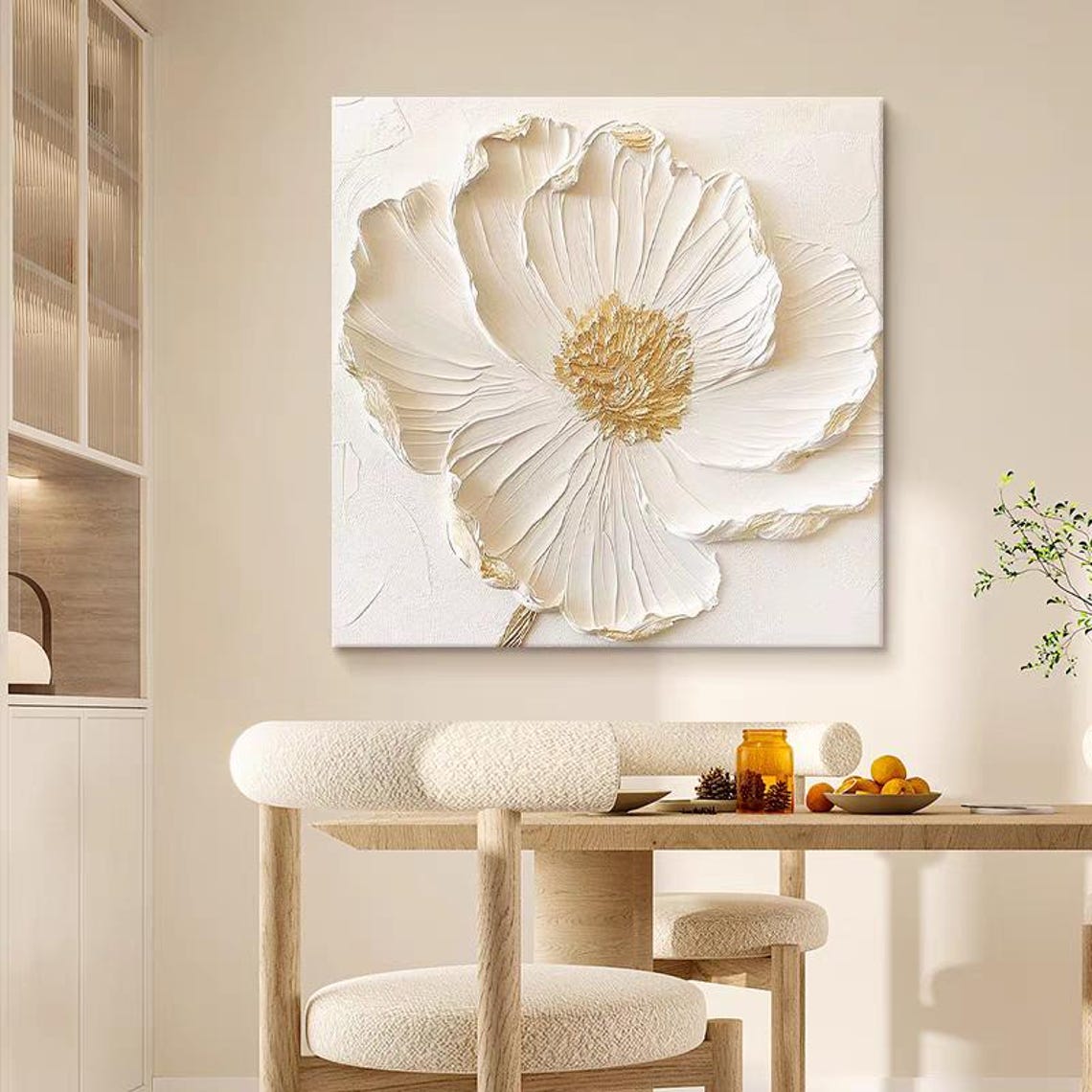 White Bloom With Gold Center 3D Impasto Floral Square Poster - Image 3