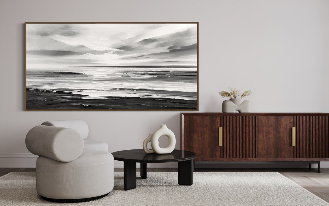 Beach At Night Black And White Abstract Art Print - Image 2