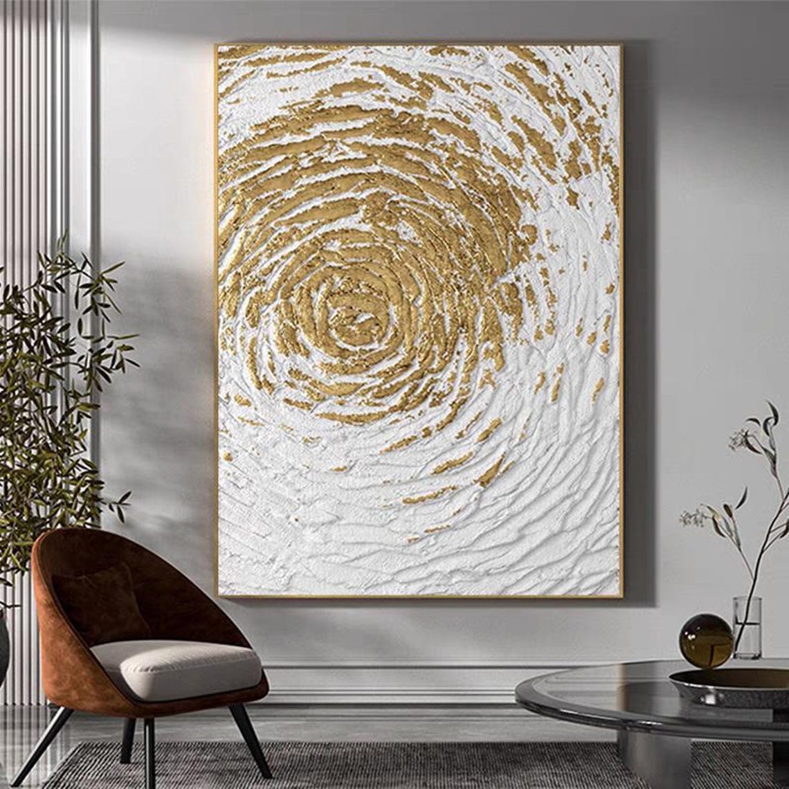 Golden Spiral Swirl Radiating on White Textured Canvas Abstract Poster - Image 3