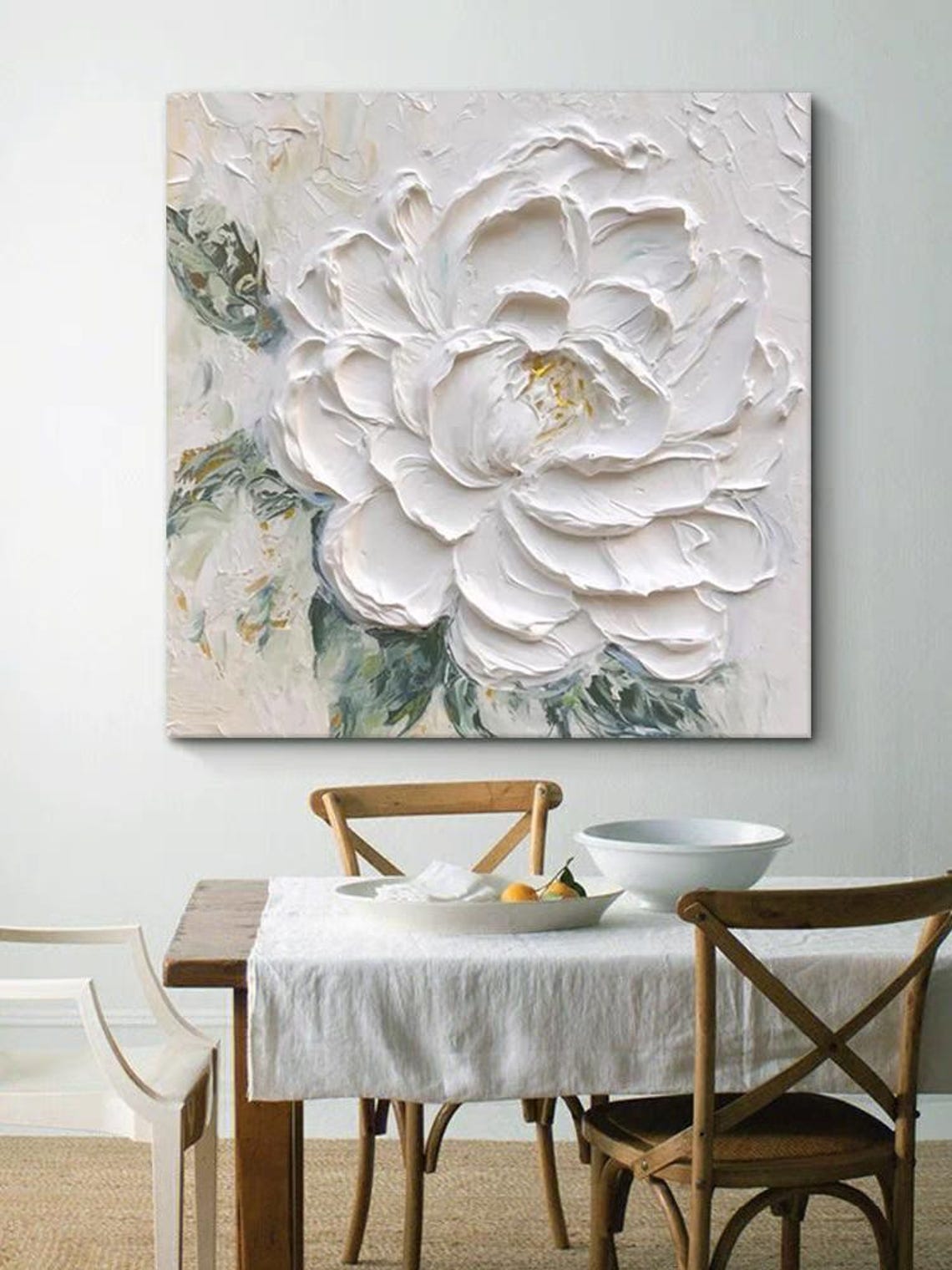 White Blooming Flower with Leaves Textured Botanical Wall Art - Image 2