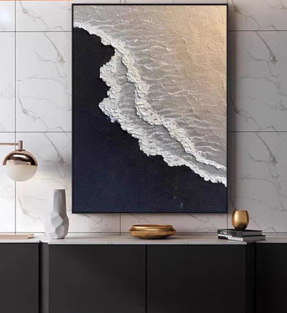 Gold White Ocean Waves On Black Beach Aerial Seascape Art Poster - Image 3