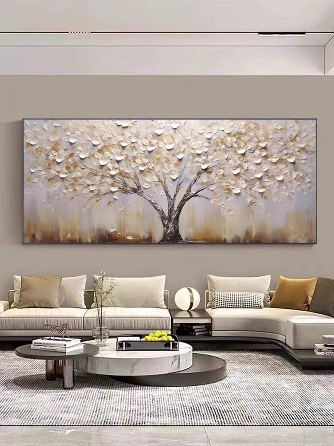 White and Gold Blossom Tree Panoramic Textured Canvas Poster - Image 3