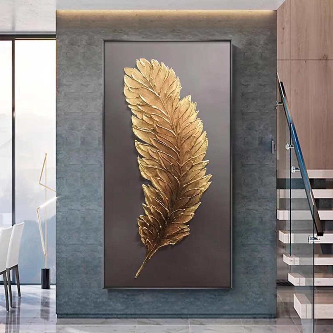 Gold Feather on Black Background Vertical Art Print - Image 2