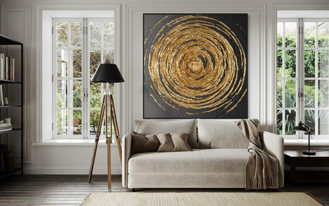 Gold Circle With Black Background, Modern Abstract Art Print - Image 2