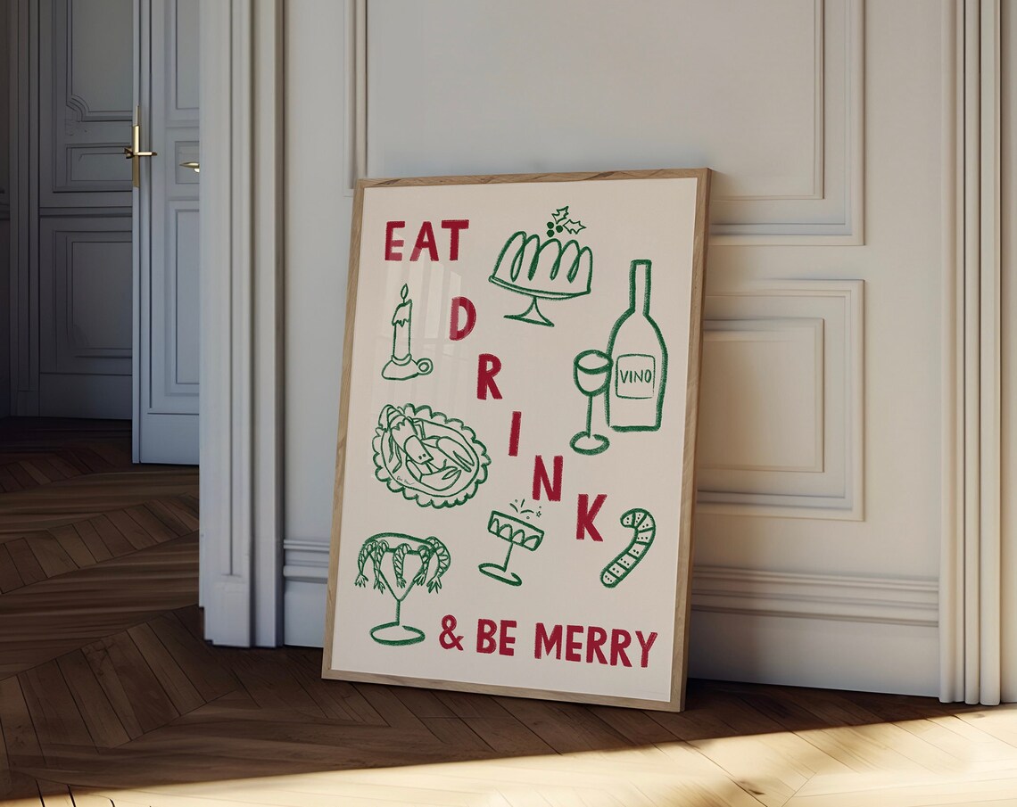 Eat Drink Be Merry Holiday Feast Wine Green Line Art Decor Poster