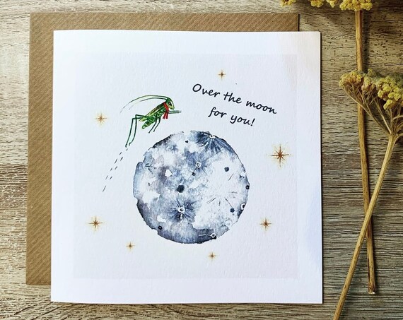 Over The Moon For You Grasshopper Watercolor Moon Card Poster